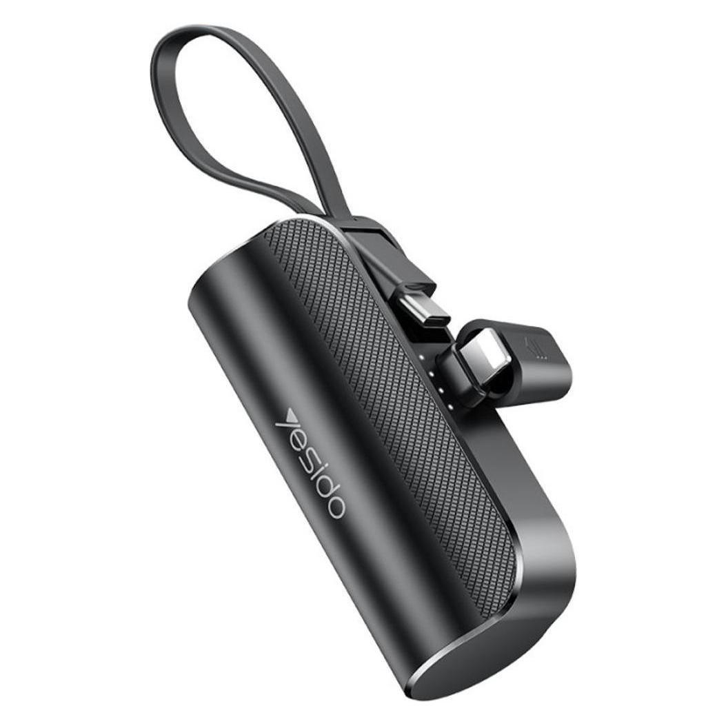 Yesido Ultra Mini Power Bank 5000mAh mit USB-C Kabel / Lightning Stecker - Schwarz (5000 mAh, 12 W) (YP68)