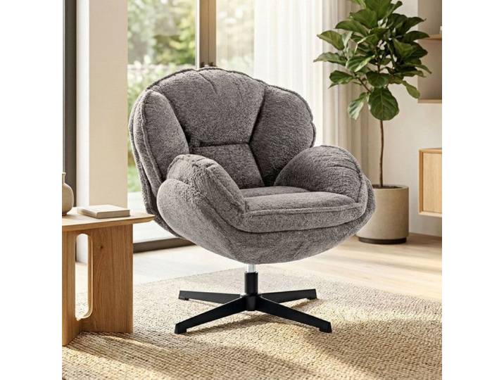 Fauteuil wingback - Moderne - Velours gris - Pivotant 360° - Base métal 4 branches