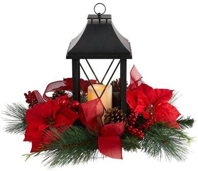Nearly Natural "15"" Holiday Poinsettia, Pinecone and Greenery with Lantern - 20"