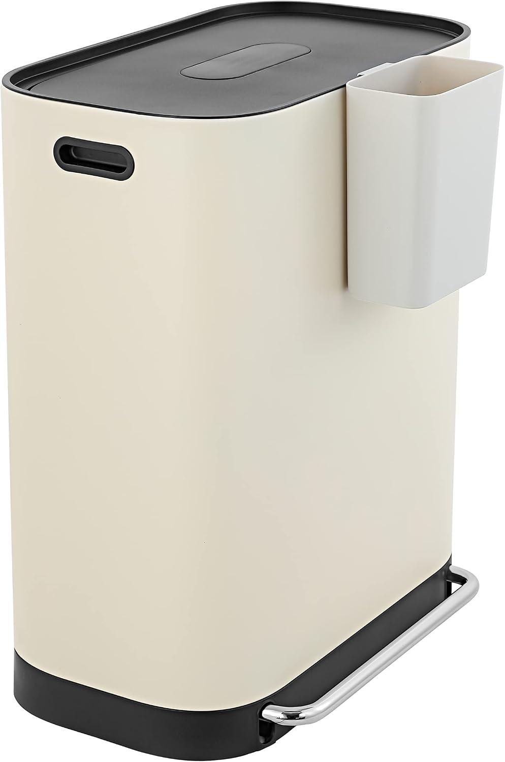 Doppelter Mülleimer mit 16 Gallonen Fassungsvermögen, Soft-Close-Deckel und Trittpedal, in Mandelbeige