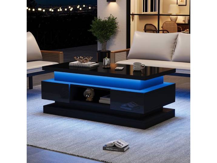 Table basse - SOGEU - 100x50x40 cm - Noir laqué - Plateau relevable - LED intégrées