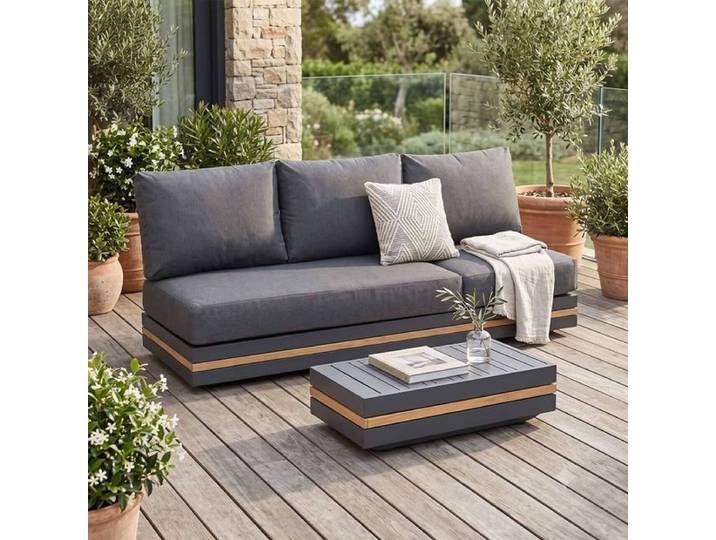 OUTLIV. Triest Loungeset inkl. Loungetisch Aluminium/Teak/Spun Polyester Dunkelgrau