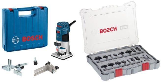 Set Bosch Kantenfräse GKF 600, Gabelschlüssel 17 mm mit Führungshilfe + Fräser-Set 8-mm-Schaft 15-teilig