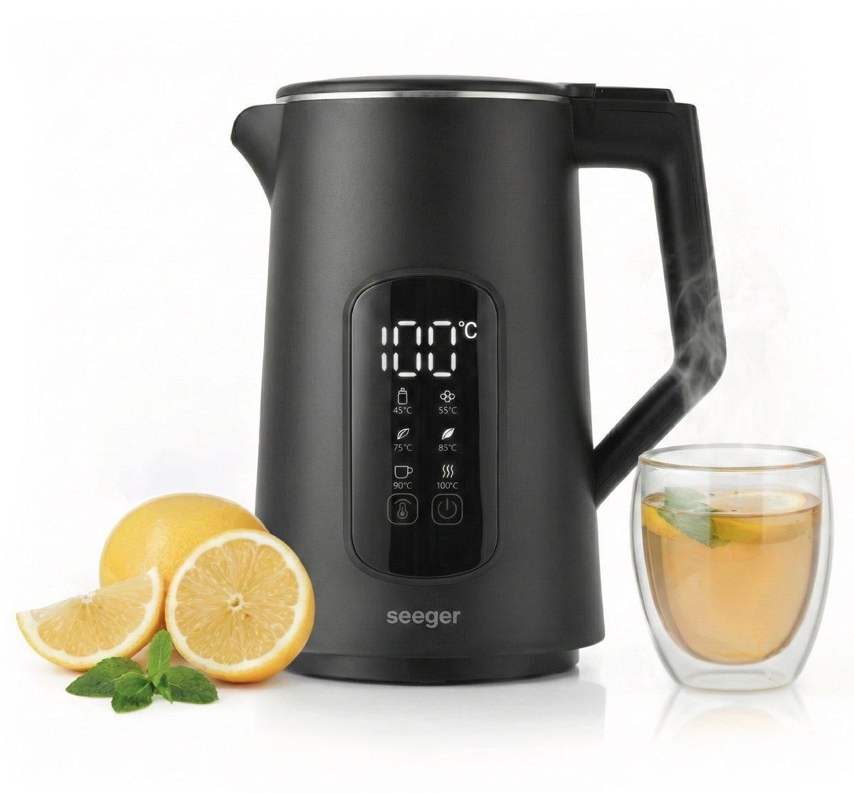 Seeger SGR1100BK Waterkoker Zwart, 1,7 liter, 2200 watt, met instelbare thermostaat en warmhoudfunctie