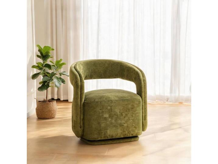 Fauteuil lounge rotatif en chenille vert doux assise ergonomique 360° ligne contemporaine pour salon