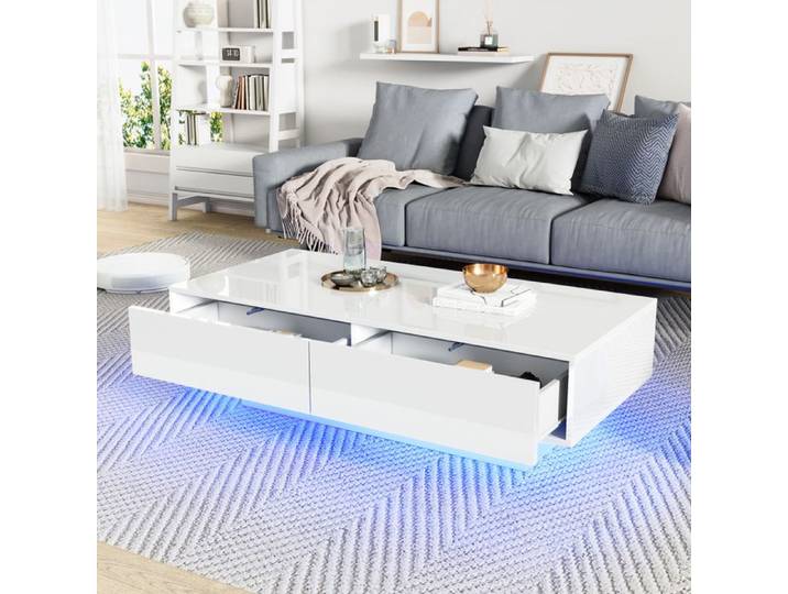 Table basse blanche laquée brillante avec 2 tiroirs et éclairage LED