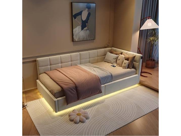 Polsterbett Kinderbett 90x200 mit LED und USB-Anschlüssen, Jugendbett 90x200 mit Hydraulischer Stauraum, Schlafsofa Einzelbett Daybett Tagesbett Gästebett Bettgestell mit Lattenrost,Samt