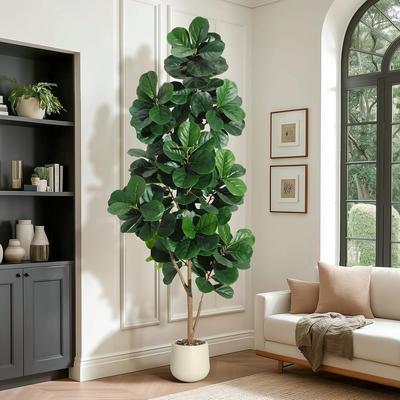 YUN Artificial Fiddle Leaf Fig Tree with 48 Leaves in White Planter Pot, Faux Ficus Lyrata Plant for Home or Office Decor