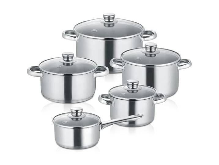 Berndes 5-teiliges Topfset New Roma, Kochtopf Set aus Edelstahl, induktionsgeeignet, Töpfe mit Deckel, new Roma Bratentopf 20
