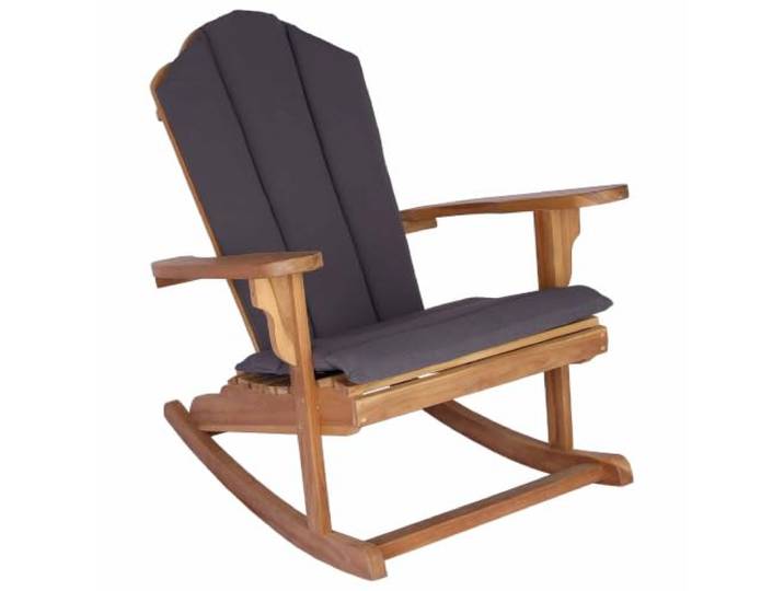 KUTYWEXFM Garten Schaukelstuhl Teakholz Adirondack Stuhl Natur Ergonomischer Holzschaukelstuhl aus Teakholz mit dunkelgrauem Kissen für Garten, Terrasse und Balkon.