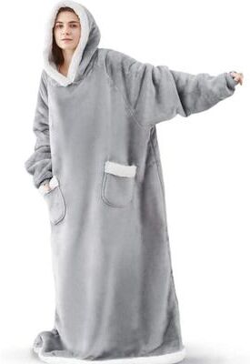 Cozy Casa Charm Oversized Super Long Flannel Blanket With Sleeves, Winter Hoodie Sweatshirt Pullover For Women Men, Giant TV Fleece gray l
