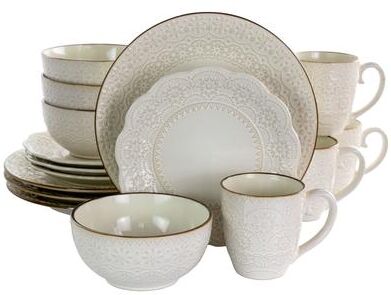 Elama Doily Pattern Stoneware Dinnerware 16 Piece Set in Egg Shell