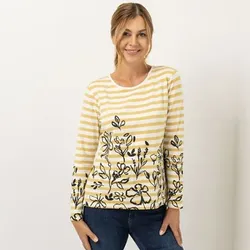 DENIM & CO. Shirt, Langarm Rundhalsausschnitt Seitenschlitze Allover-Druck