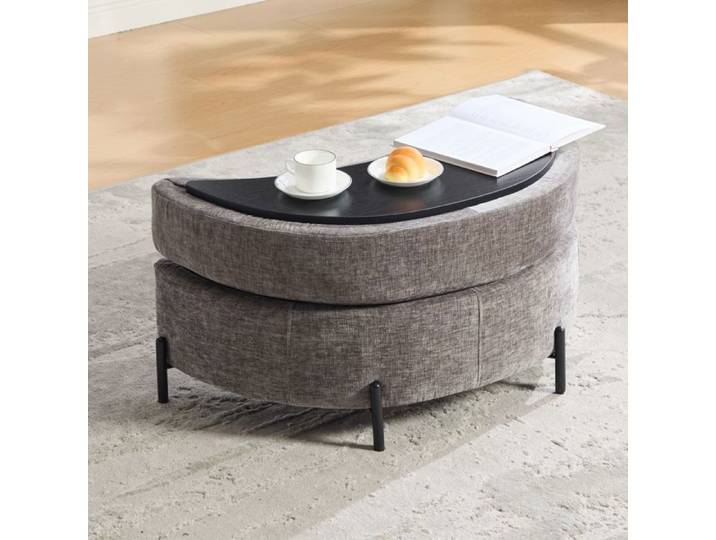 Pouf Ottoman en Chenille Banc de Rangement avec Plateau - Repose Pieds - 86x47x43cm - Gris