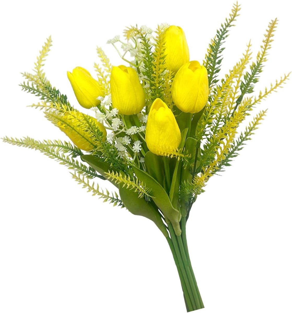 Geel kunstbloemen boeket met nep tulpen voor woonkamer decoratie, Hoogte: 34 cm
