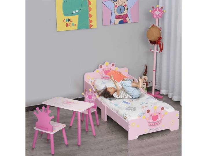 Lit et ensemble table et chaises princesse motif couronne bois rose