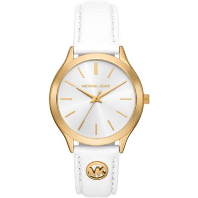 Quarzuhr MICHAEL KORS "SLIM RUNWAY", weiß (weiß, weiß), Armbanduhren, Damen, gelbgoldfarben, Quarzuhr, Armbanduhr, Damenuhr, Lederarmband, analog