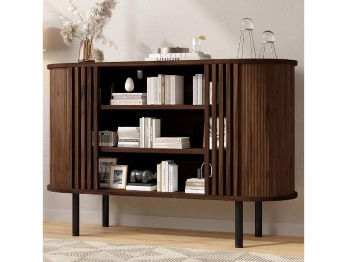 Merax Sideboard Kommode 120 cm, Buffetschrank Landhausstil mit Ovale Arbeitsfläche, 3 Offene Ablagefächer, Lamellendesign, Mehrzweckschrank Flurschrank für Wohnzimmer Eingangsbereich, Walnussholzfarbe