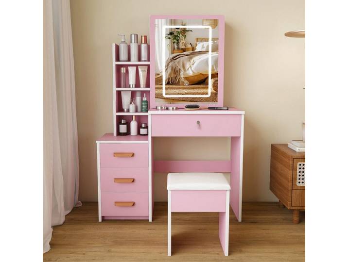 Bladez - Coiffeuse avec tabouret - Miroir éclairage et 4 tiroirs - Ensemble coiffeuse - 85x36x130 cm - Rose