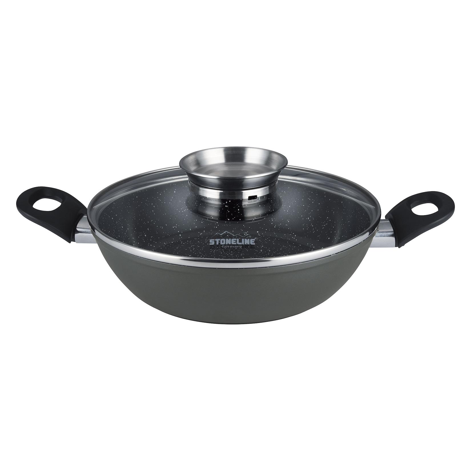 Stoneline Ceramic Servierpfanne 24 cm, PFAS-freie Keramik Beschichtung, Aroma-Glasdeckel, hoher Rand, Antihaftbeschichtet mit echten Steinpartikeln, Induktion und backofenfest