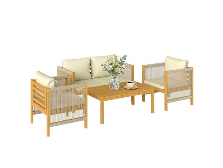 Salon de jardin - ensemble de mobilier - Outsunny - 4 pièces coussins déhoussables et corde tressée - bois d'acacia - naturel