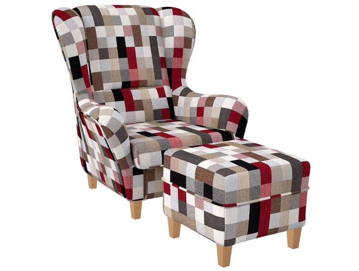 Supellex Ohrensessel Sofia Relaxsessel mit Hocker – Patchwork kariert bunt gedeckt