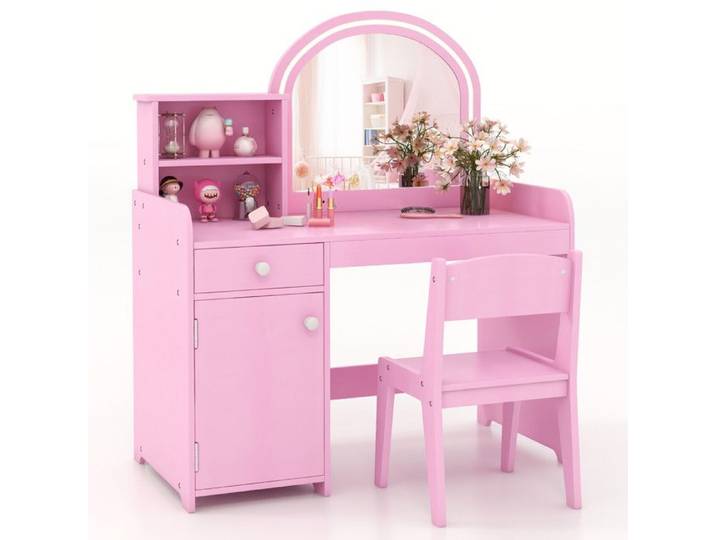 Avec 120 LED et Rangement Coiffeuse Enfant avec Chaise pour Maquillage et Jeu Chambre Fille Rose