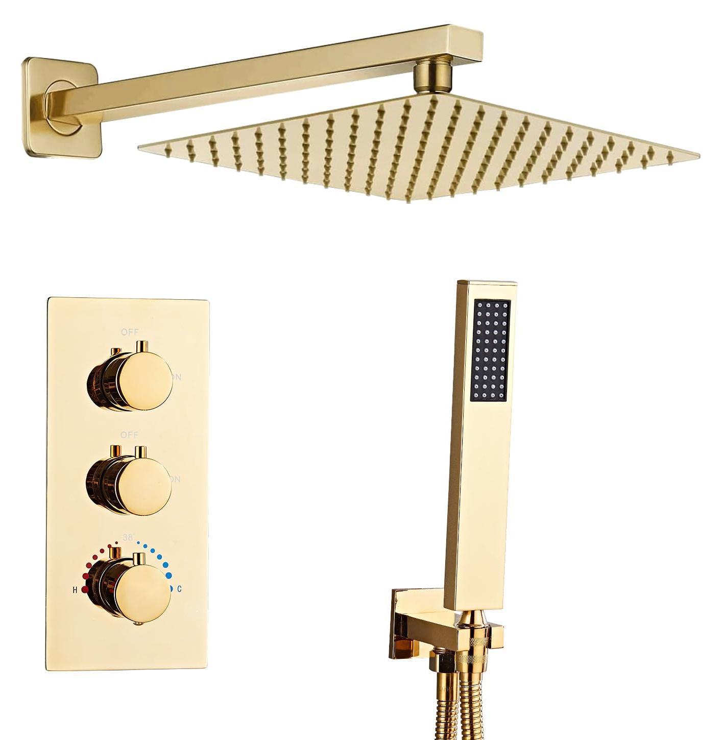 Inbouwdoucheset mit Thermostat, Gold, 30 cm, Edelstahl
