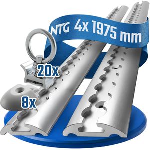 NTG Airlineschiene Standard, Set, zum Schrauben, 4 Stück, 200 cm, Aluminium, silber, halbrund, 8 Endkappen & 20 Fittinge
