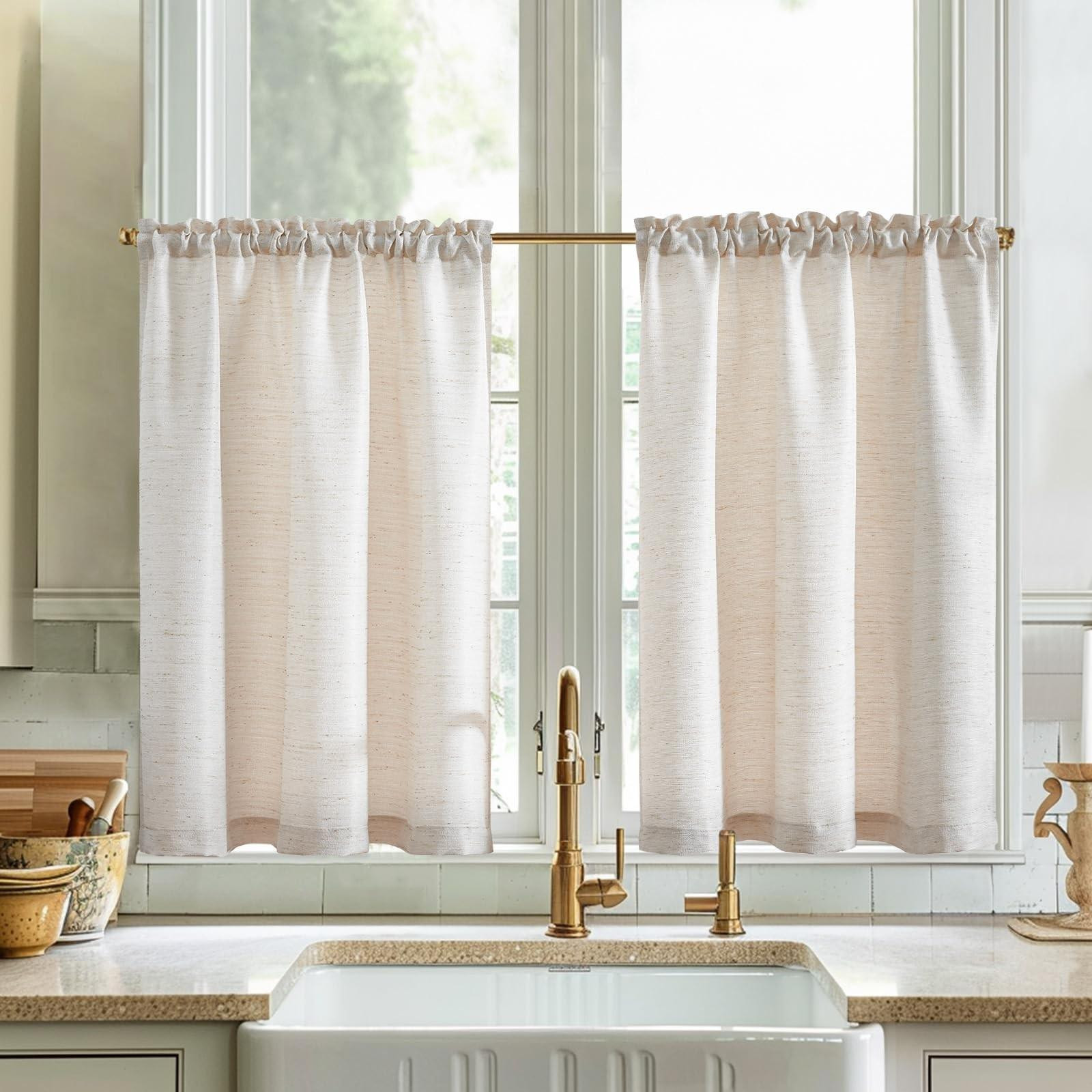 Omgoods Vangao Set van 2 Beige Bistro Gordijnen - Korte Translucente Keuken Gordijnen - Breedte: 90 cm, Hoogte: 115 cm