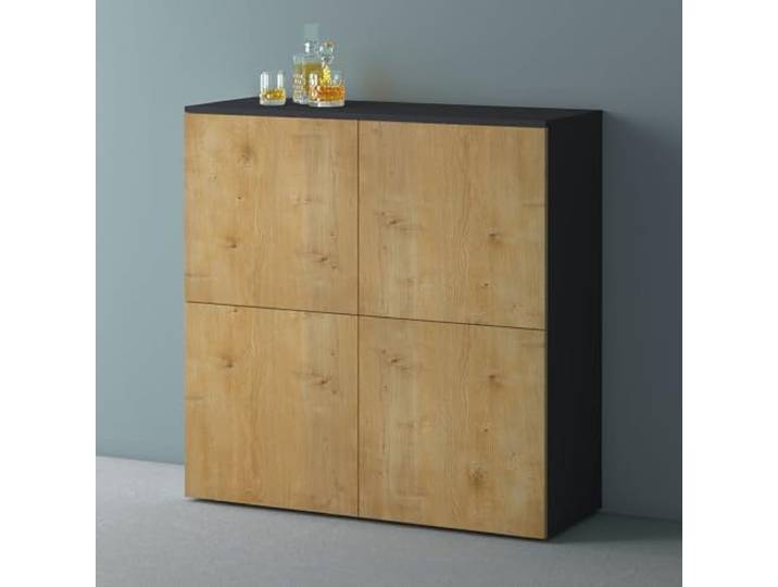 Mai & Mai Sideboard 100cm Kommode 4 Türen Soft-Close grifflos Stauraum Kommodenschrank, Wohnzimmer Möbel, Flurschrank, bis zu 8 Staufächer, Anthrazit matt + Kerneiche, BTH:100x36,4x98cm, Schrank04