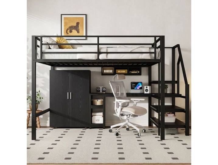 Lit mezzanine Lit enfant double 140x200 cm armoire étagères échelle de rangement bureau noir Noir O.Ye Noir LIT MEZZANINE