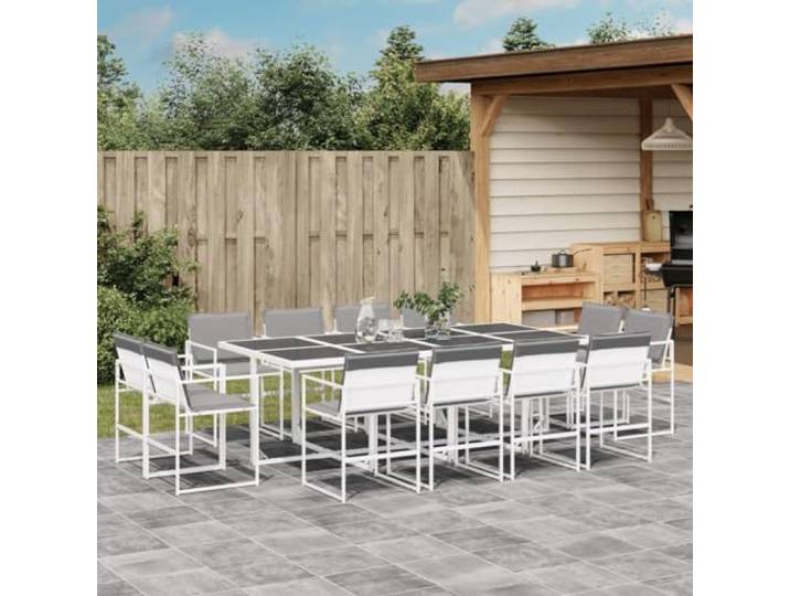 KTHLBRH Gartenmöbel-Set, 13-teilig, weiß, Textilene Pulverbeschichteter Stahl, Tischplatte aus gehärtetem Glas, Klappstühle, waschbare Kissen