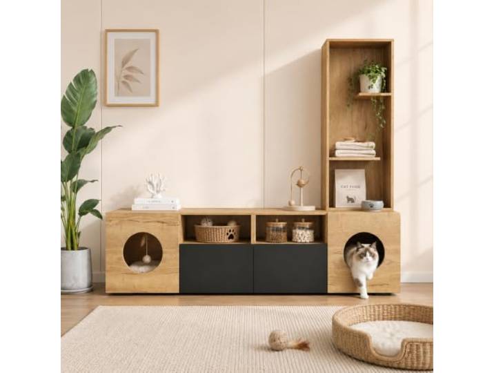 XINGNING Dimmbares Retro Sideboard Mit Beleuchtung Als Raumteiler Holz Metal Design Stauraum Für Wohnzimmer Essbereich TV Bank Lowboard (Black+Natural + Solid Wood + Modern)