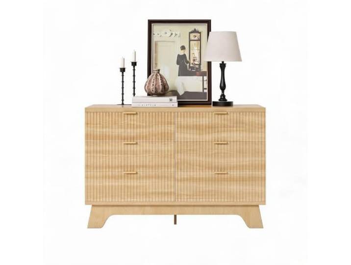 IDEALHOUSE Mid-Century Kommode mit 6 Schubladen, 47 breit – geriffelte Front (Fluted), auch als TV-Lowboard/Anrichte, goldene Griffe, großer Stauraum, Farbe: Natural Oak