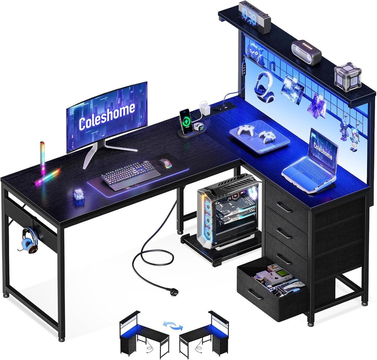 L-vormig Hoekbureau met LED Verlichting, Lade en Stopcontacten