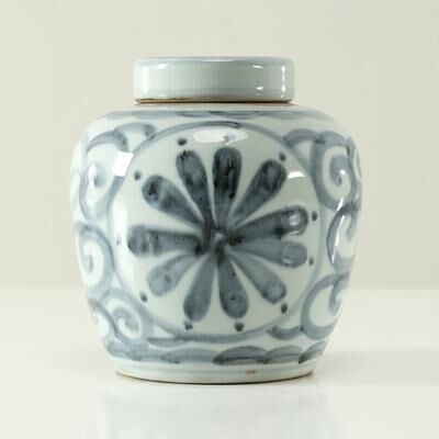 Artissance Approx.7 Inches Subtle Blue and White Round Jar with Floral Motif