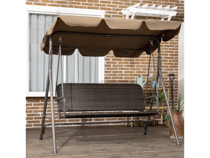 Outsunny Balancelle 3 Places Rotin Marron avec Auvent Ajustable