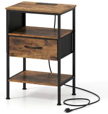 Costway Nightstand with Charging Station 24.5 inch Modern Bedside Table with Fabric Drawer-Rustic Brown