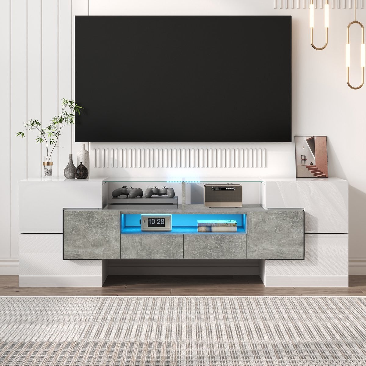 Merax Modern Tv-meubel met LED-verlichting en Mediacompartimenten - Wit - Breedte: 145 cm