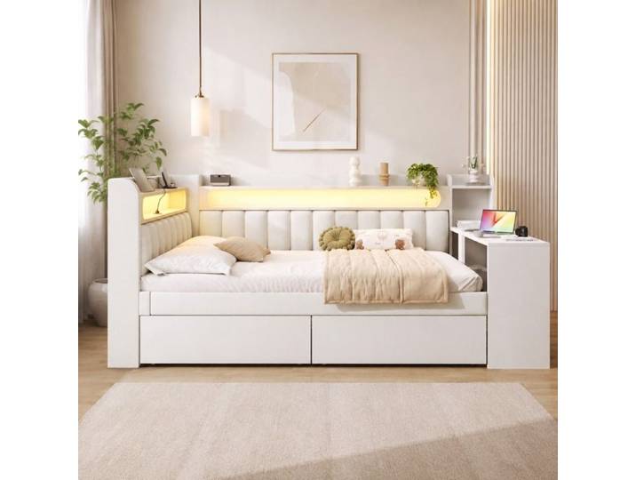 ROVRYN Lit combiné rembourré 140x200 blanc avec LED intégrée USB intégré bureau intégré et 2 tiroirs