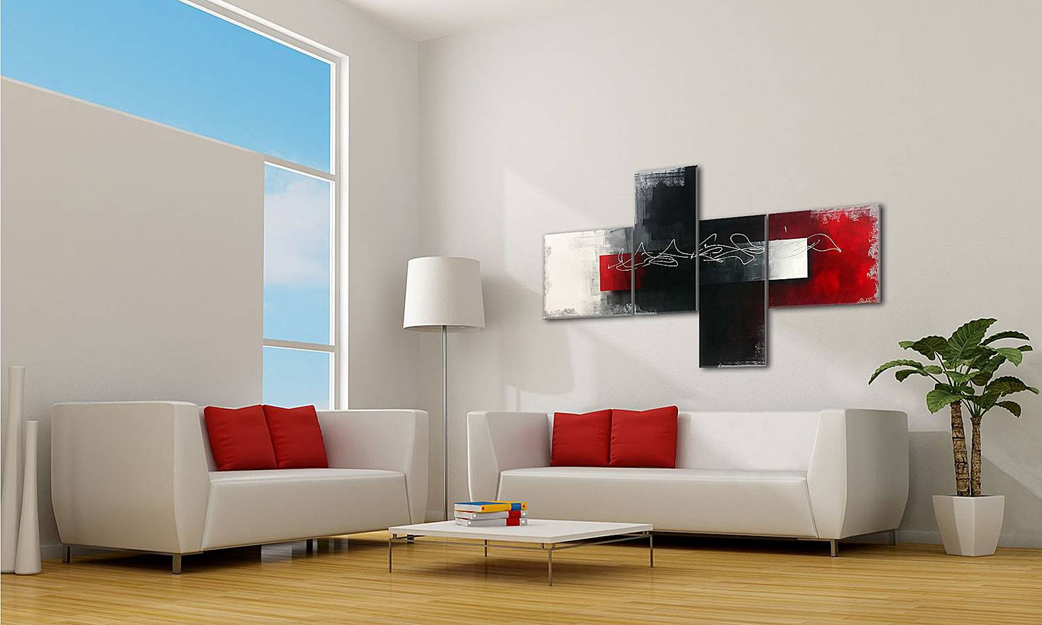 home24 Red Dawn abstracte wanddecoratie katoen wit/zilver/grijs/zwart/rood B: 200 cm, H: 110 cm, D: 2 cm