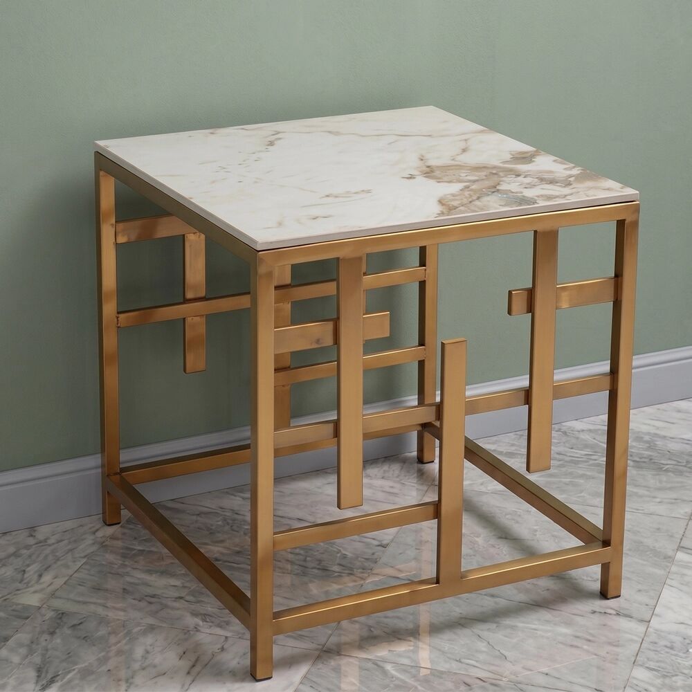 Tuttoperlestetica Tavolino Kansuro stile Japandi con top in ceramica effetto marmo Calacatta e struttura in metallo dorato – Collezione Sabi