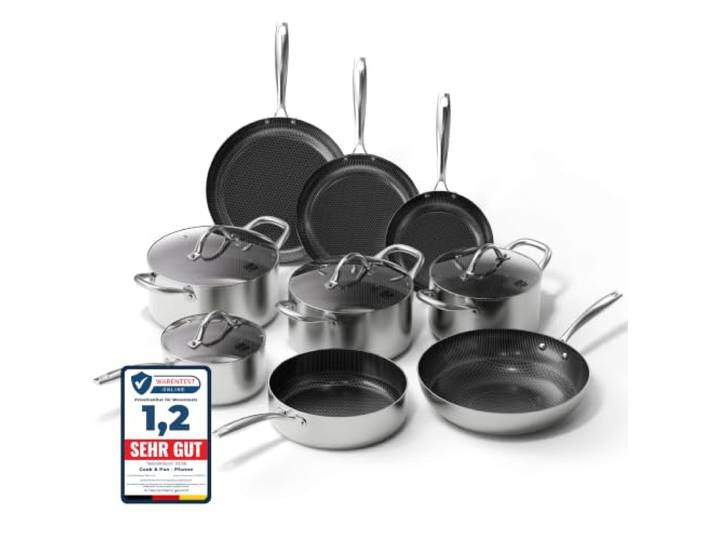 Cook & Pan - Honey Topfset und Pfannenset, 9-teilig-Induktionsgeeignet-PFAS frei Wabe 3-lagig -Antihaft- wärmeisolierter Griff- Edelstahl - RVS