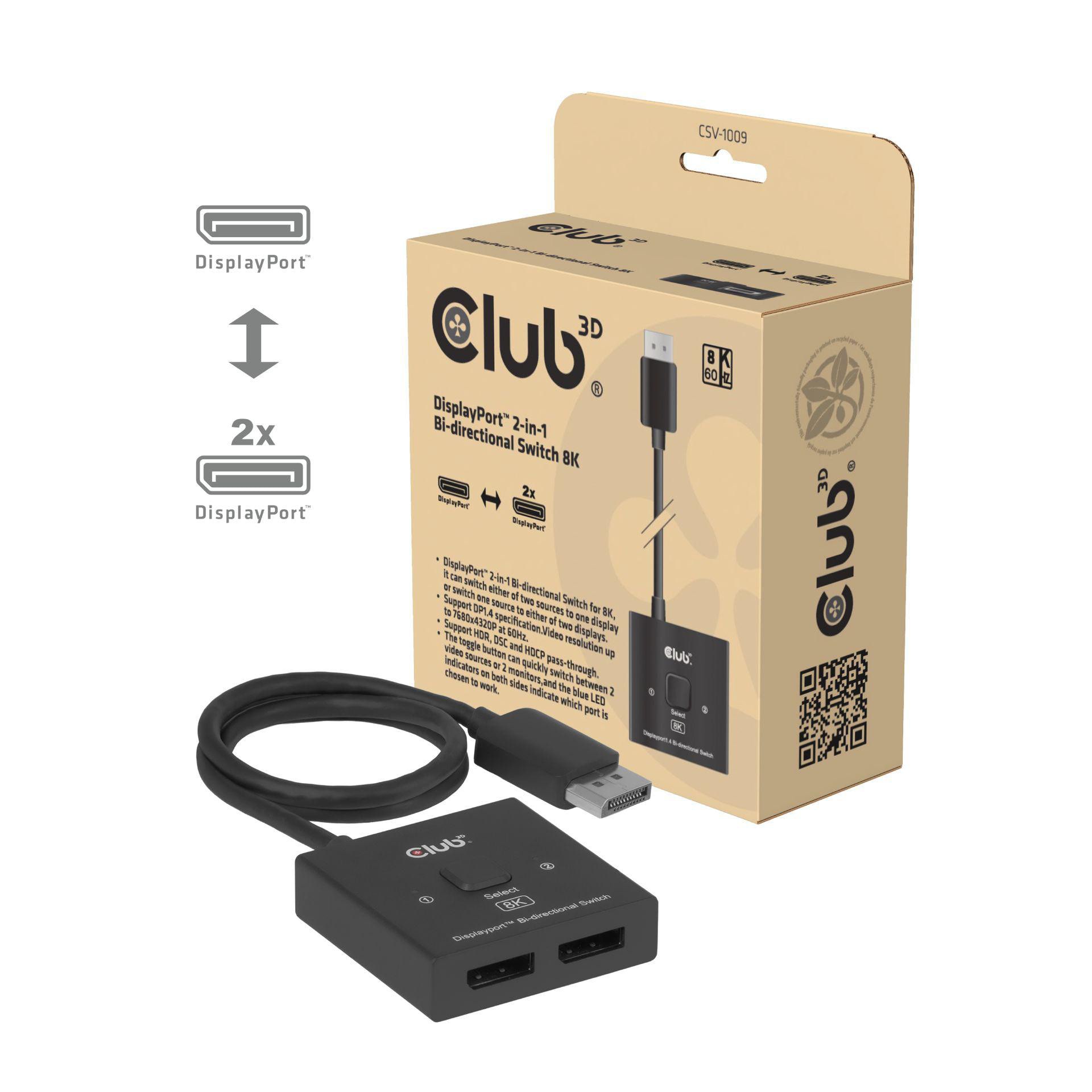 Club 3D CSV-1009 DisplayPort 2-in-1 Bi-directional Switch 8K schwarz