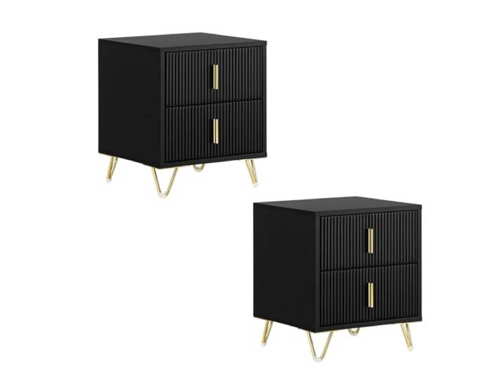 SoBuy 2er Set Nachttisch mit 2 Schubladen, Goldbeine 40x40x47cm Moderner Beistelltisch mit Metallbeinen, ideal für Schlafzimmer Wohnzimmer, Studenten & Familie, Schwarz FBT115-SCHx2