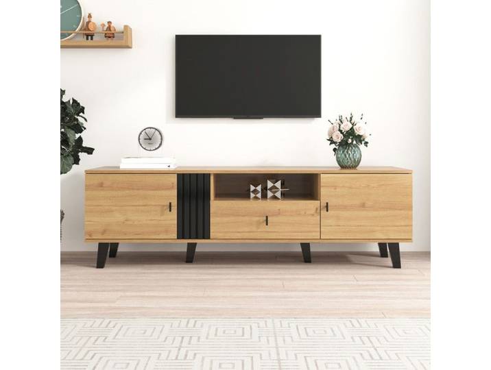 Meuble TV 170cm avec design en bois et noir meuble TV avec tiroirs meuble bas avec fonctions de rangement polyvalentes pour