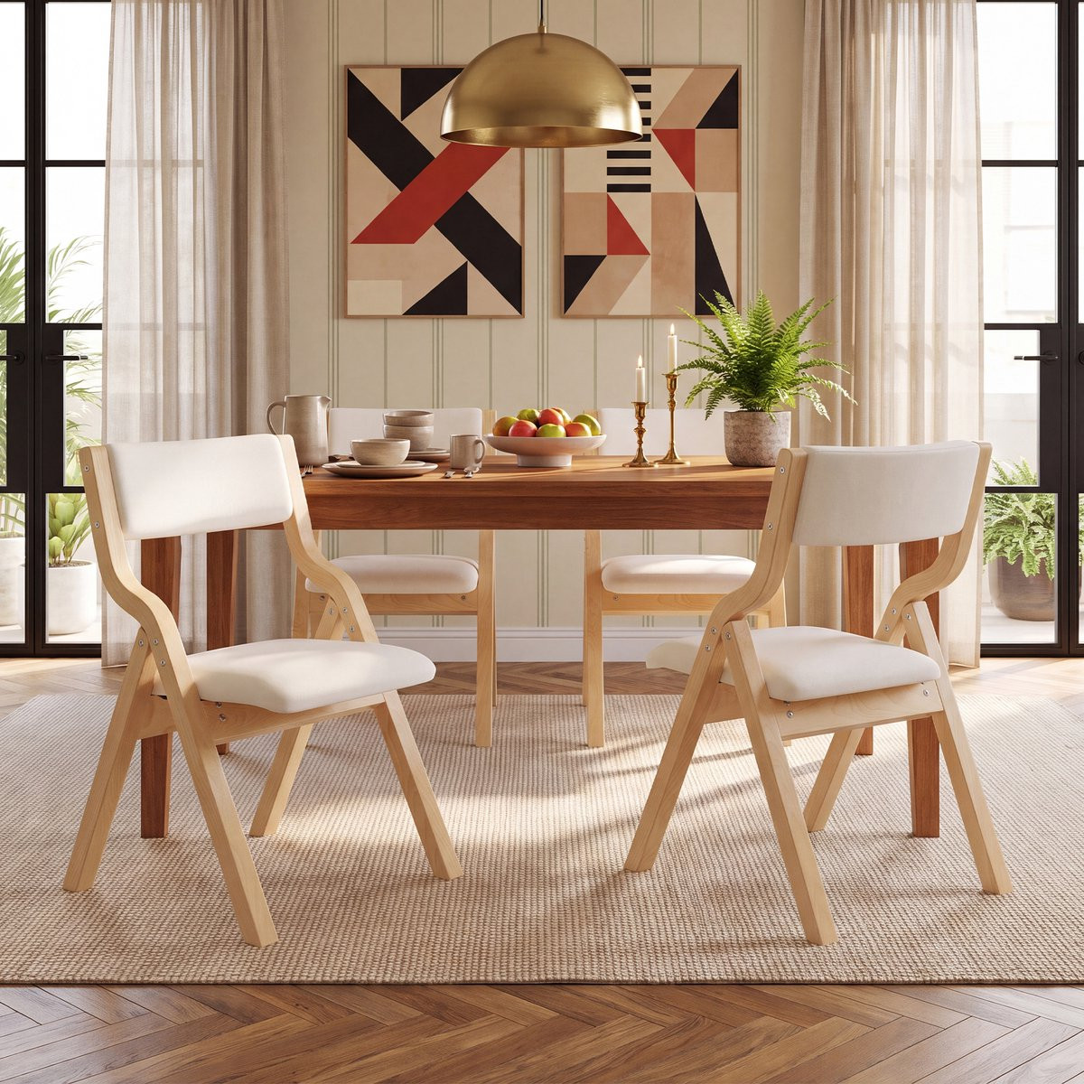 Pugsdrly Set van 4 opvouwbare eetkamerstoelen van massief hout, beige linnen, moderne stijl