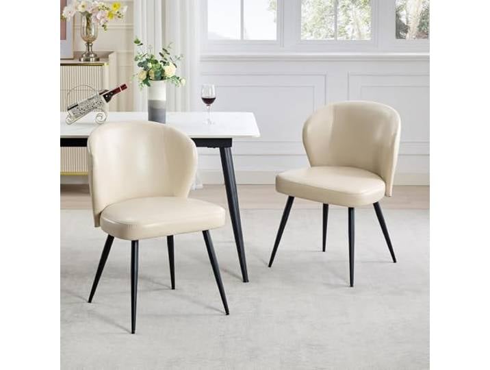 GarveeHome Esszimmerstühle aus Kunstleder – modernes Design ohne Armlehnen, Gebogene Rückenlehne gepolstert & robuste Stahlbeine für Küche/kleine Räume, Beige