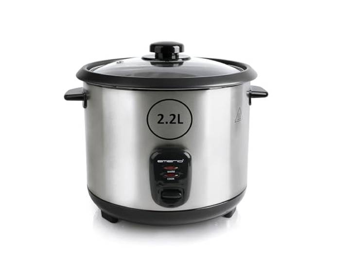 EMERIO automatischer Reiskocher groß 2.2L Volumen Warmhaltefunktion Antihaftbeschichtung Glasdeckel inkl. Reislöffel + Messbecher Schongarer 900 Watt Edelstahl RCE-132390
